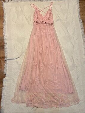 Vinstarip Pink Crochet Lace Mesh Maxi Dress S Boho Coquette Romantic Cottagecore